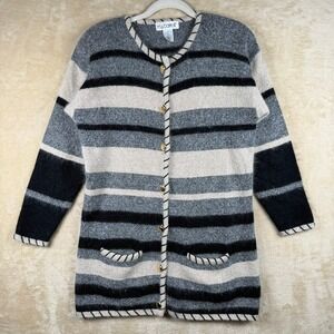 MJ Carroll Vintage Silk Angora Lambswool Striped Longline Cardigan Sweater Small